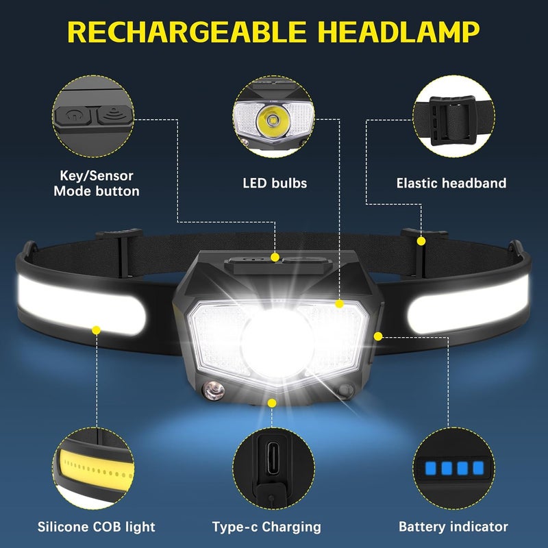 KYEKIO مصباح رأس قابل لإعادة الشحن 3 حزمة، شعاع عريض 230° COB و LED فائق السطوع 60° مع ضوء أبيض وأحمر، 7 أوضاع لمصابيح الرأس مع مستشعر حركة، مصابيح رأس للبالغين للتخييم والجري والمشي في الطبيعة - Image 2